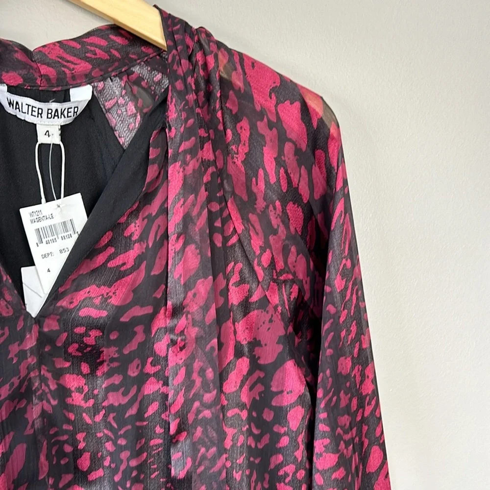 NWT Walter Baker Tie Neck Stellah Dress Sz 4‎ Magenta Pink Black Animal Print